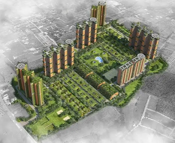 Aerial master plan of Total Environment Butterfly of Dreams showing residential towers around a central landscaped green, Sarjapur Road